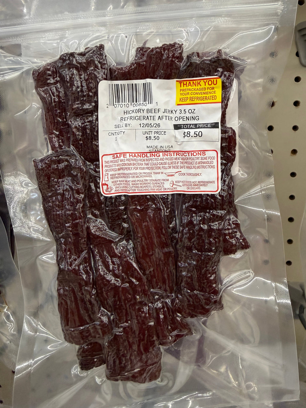 Stanton's Hickory Beef Jerky 3.5 oz package label showing $8.50