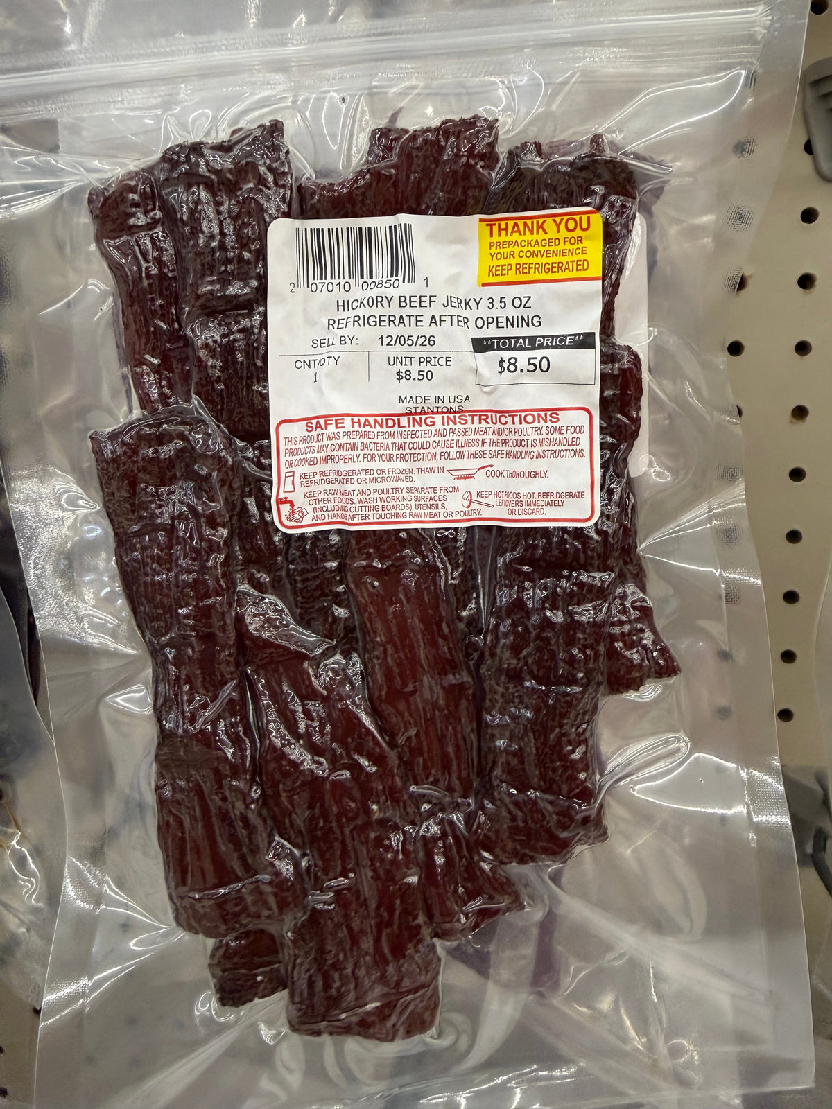 Stanton's Hickory Beef Jerky 3.5 oz package label showing $8.50