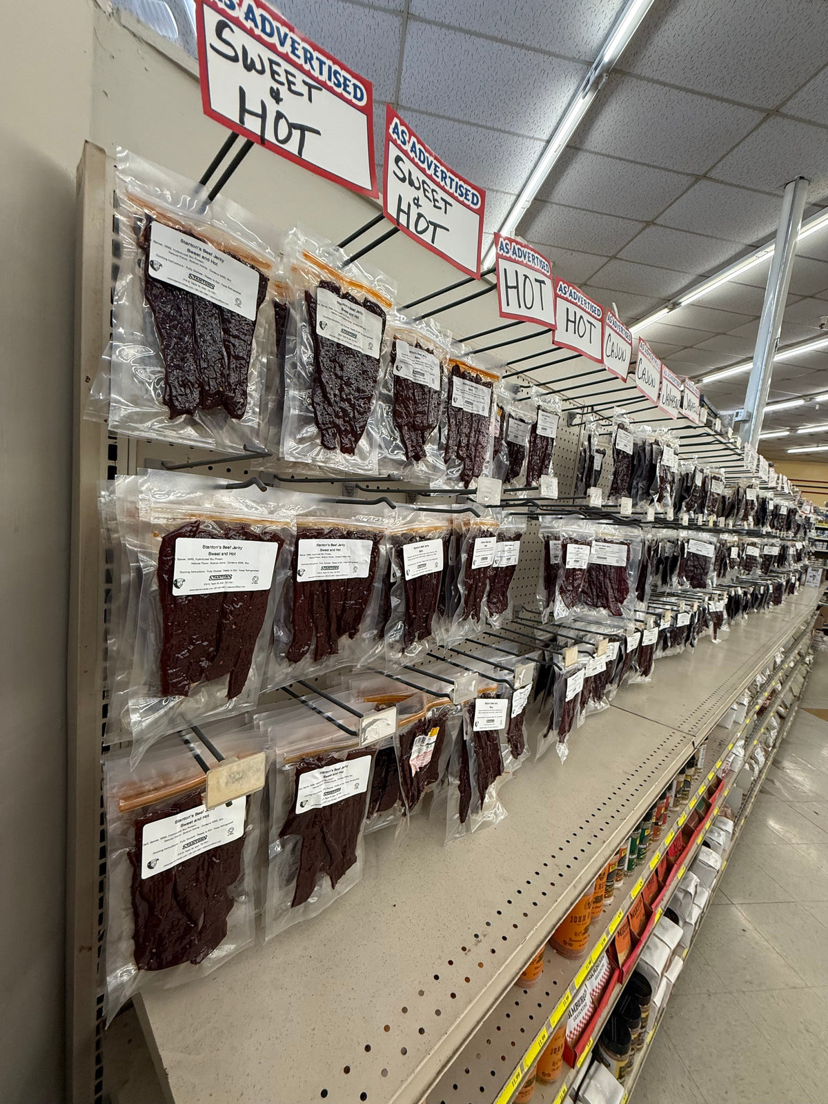 Stanton's Beef Jerky shelf with Sweet & Hot and Hot varieties