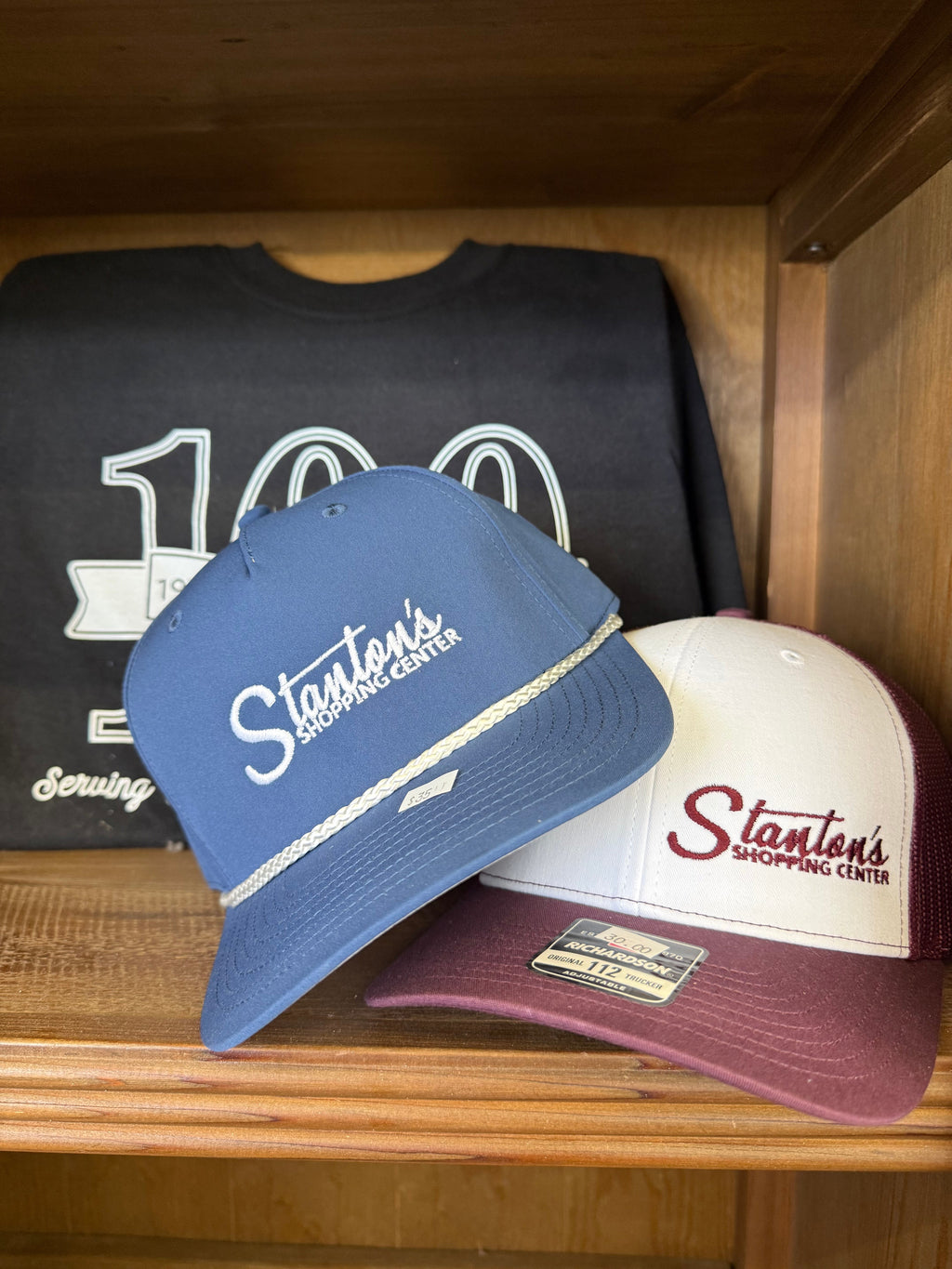 Stanton's Shopping Center navy blue rope hats on shelf