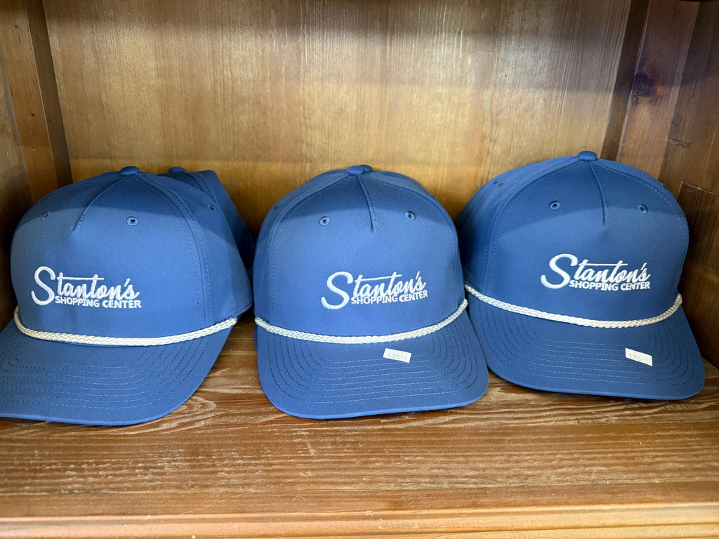 Stanton's Shopping Center navy rope hat and maroon white trucker hat