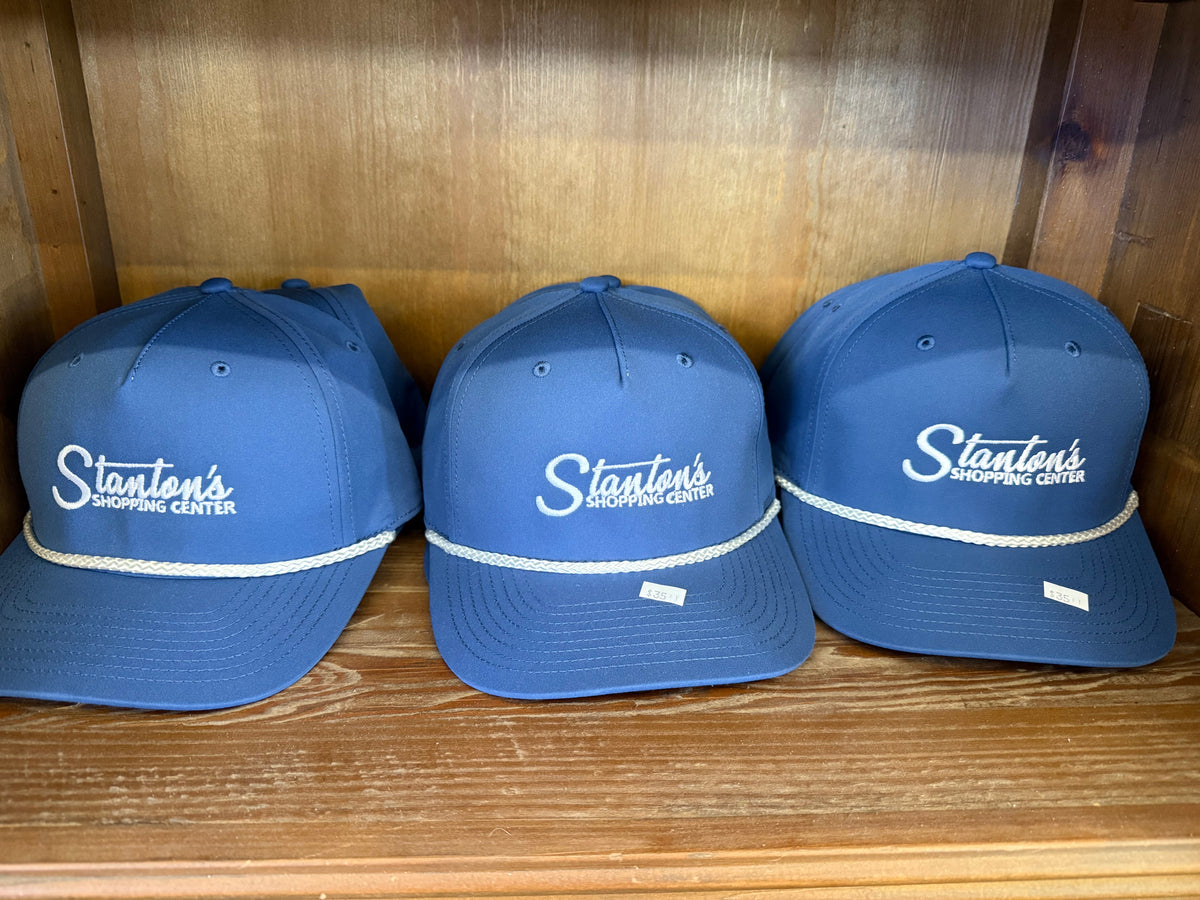 Stanton's Shopping Center navy rope hat and maroon white trucker hat