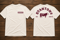 Stanton's Heritage Pocket T-Shirt front and back — white with maroon Hereford bull graphic