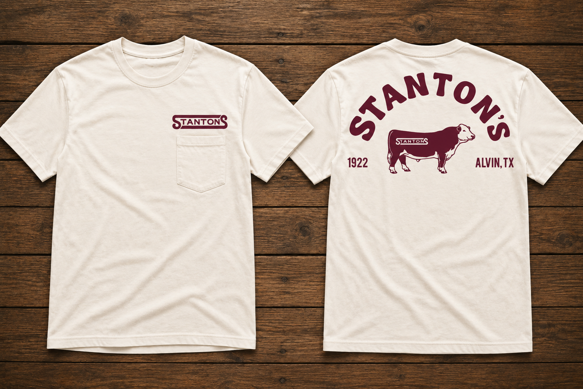 Stanton's Heritage Pocket T-Shirt front and back — white with maroon Hereford bull graphic